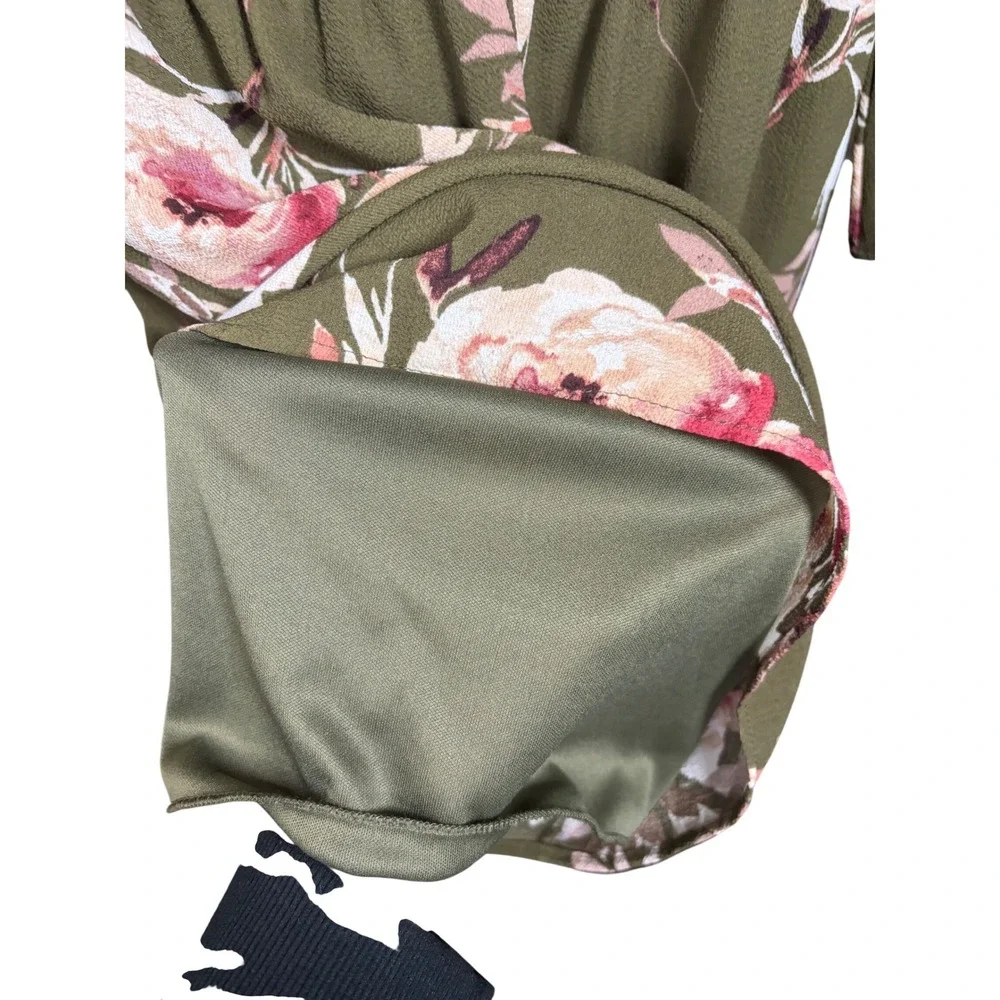 Miami Olive Green Floral Long Bell Sleeve Surplice Romper Womens Large - Picture 9 of 9